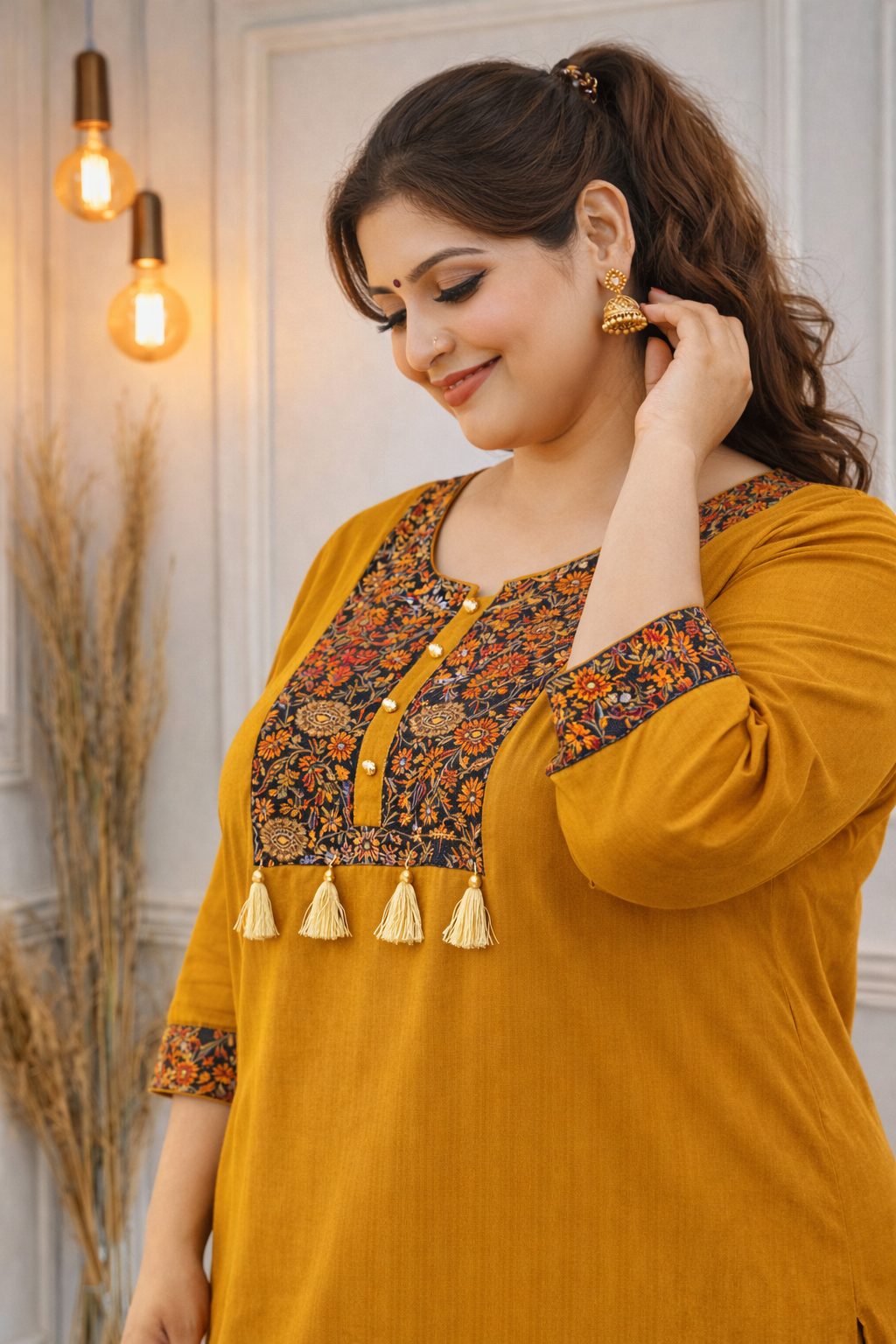 Elegant Mustard Co-ords set featuring intricate ethnic print detailing on the yoke and sleeves- Mustard color