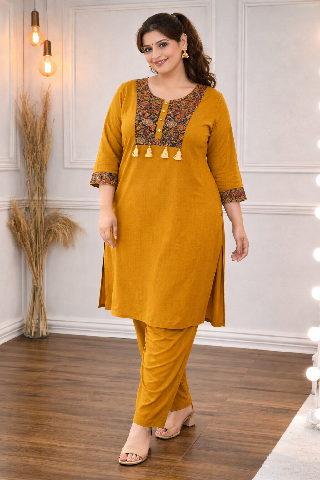 Elegant Mustard Co-ords set featuring intricate ethnic print detailing on the yoke and sleeves- Mustard color