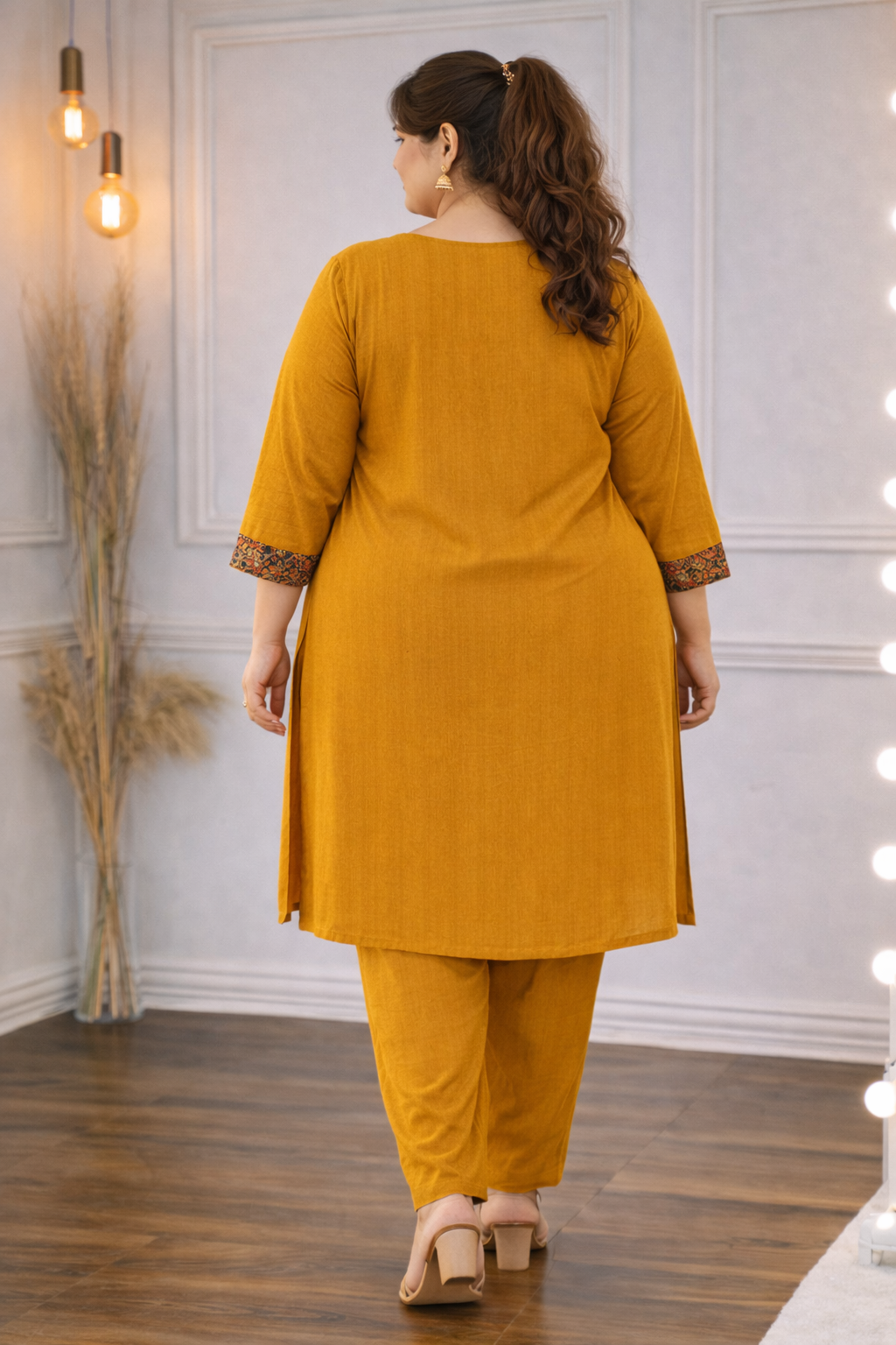 Elegant Mustard Co-ords set featuring intricate ethnic print detailing on the yoke and sleeves- Mustard color