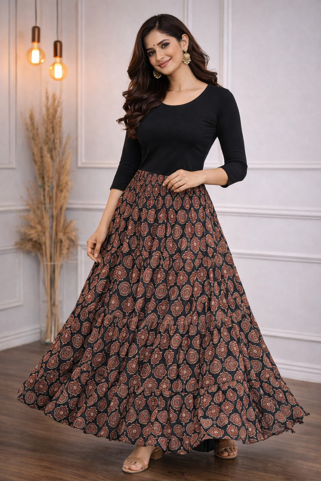 Graceful flared skirt featuring an all-over traditional floral print, crafted for comfortable movement and timeless ethnic charm