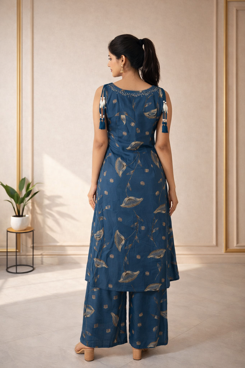 Decorative ethnic tie-up Co-Ord Set with Elegant Print - Peacock color