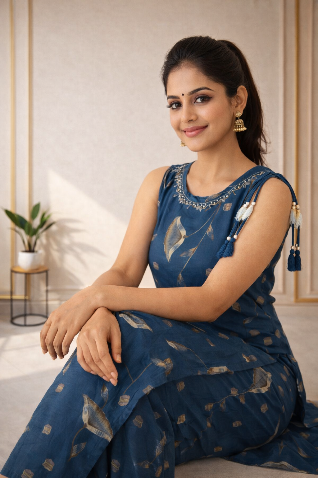 Decorative ethnic tie-up Co-Ord Set with Elegant Print - Peacock color