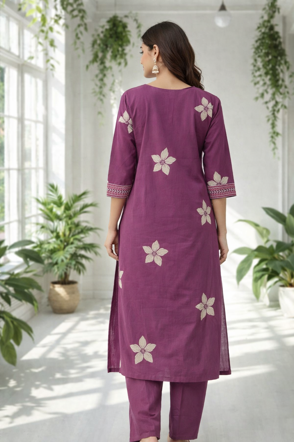 Plum floral-printed co-ords set with embroidered V-neck and tassel detailing
