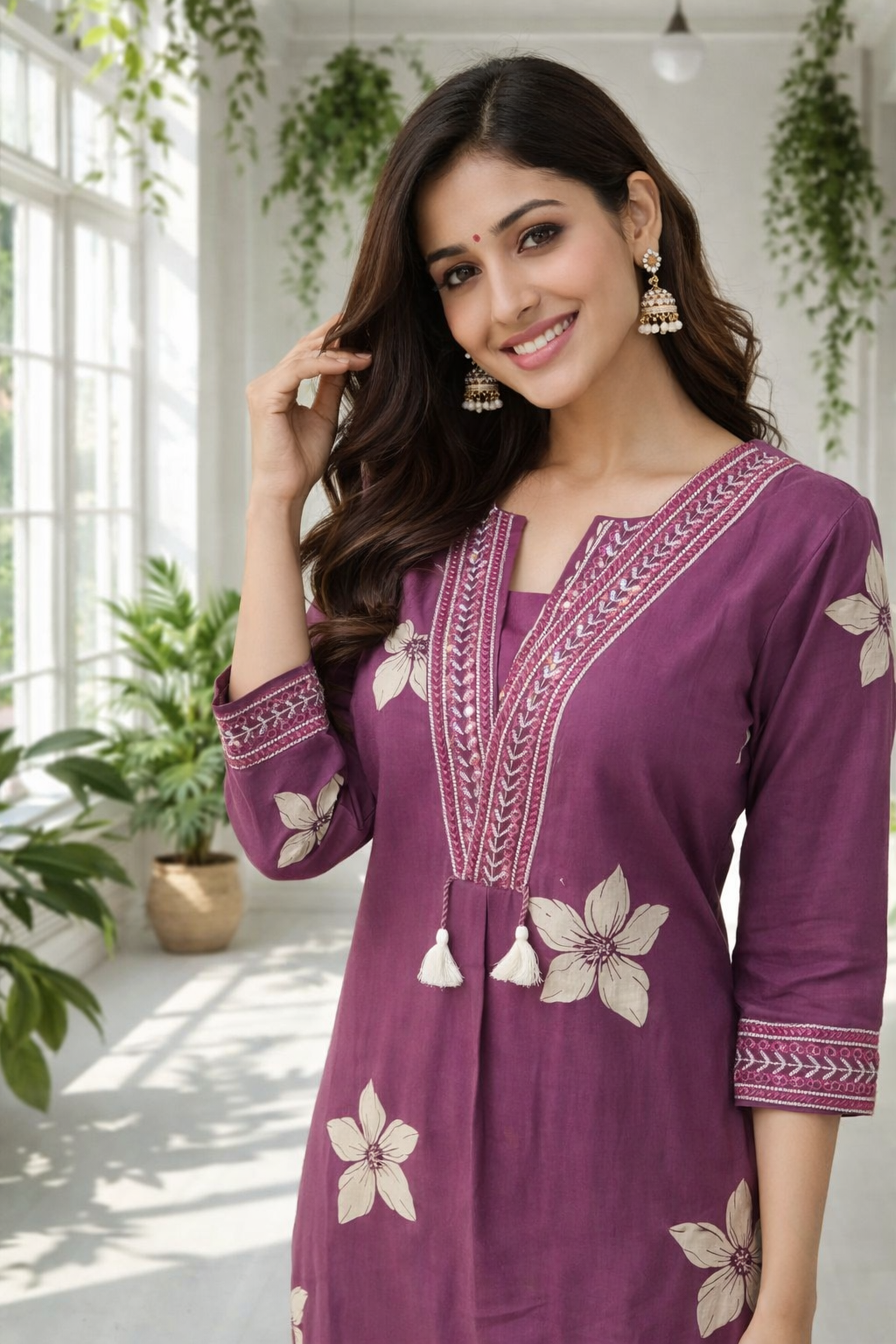 Plum floral-printed co-ords set with embroidered V-neck and tassel detailing