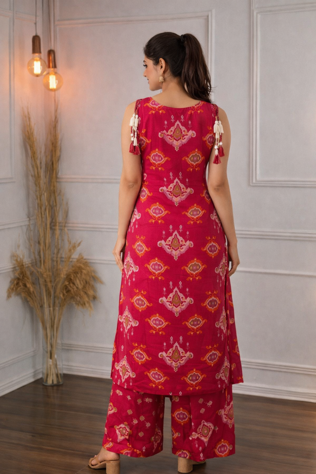 Magenta Printed Sleeveless Co-ord set with Tassel Detail