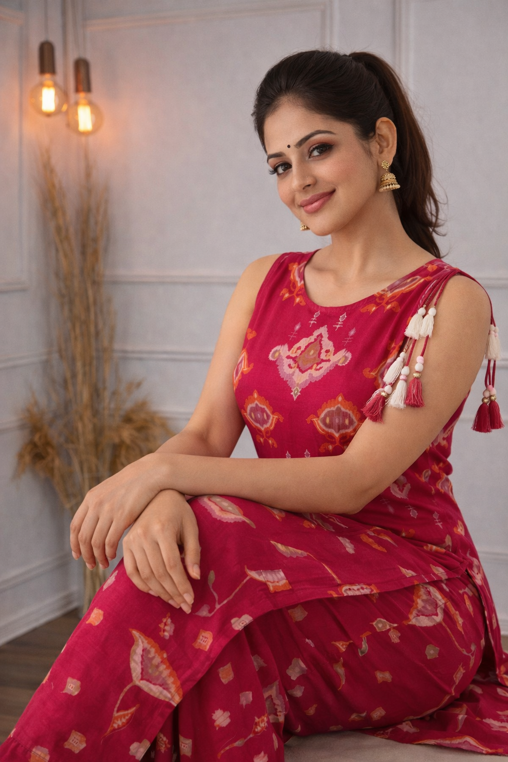 Magenta Printed Sleeveless Co-ord set with Tassel Detail