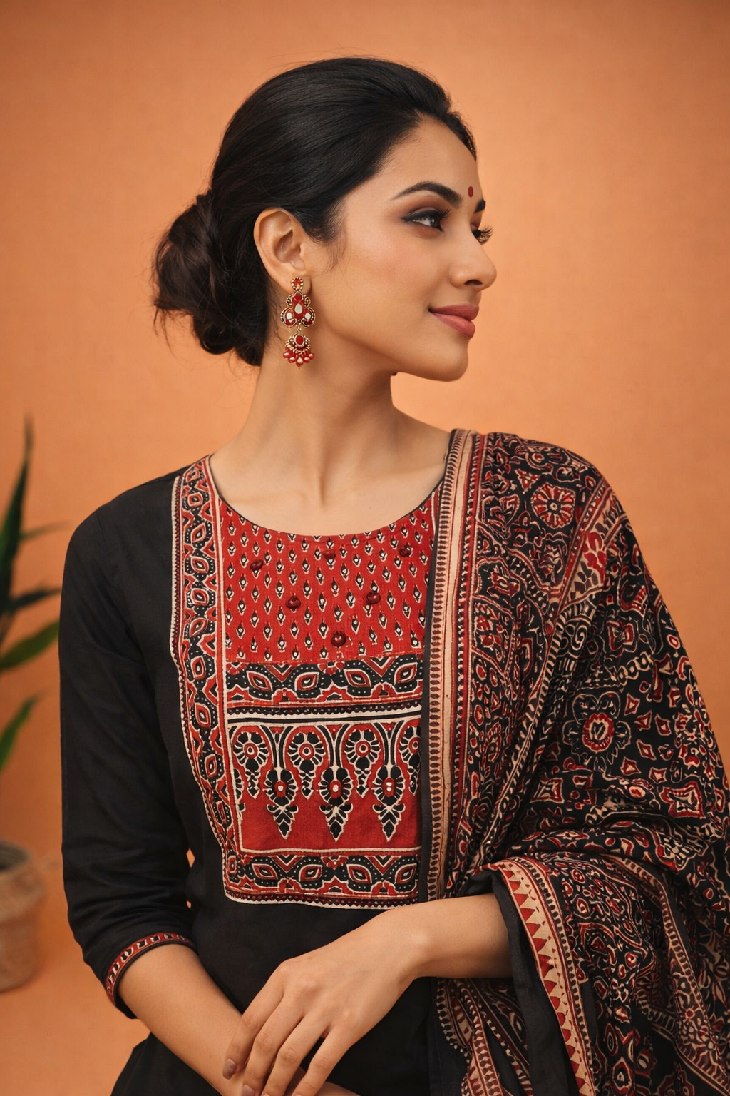 Elegant black suit with rich traditional prints and a beautifully detailed yoke, perfect for timeless ethnic style.