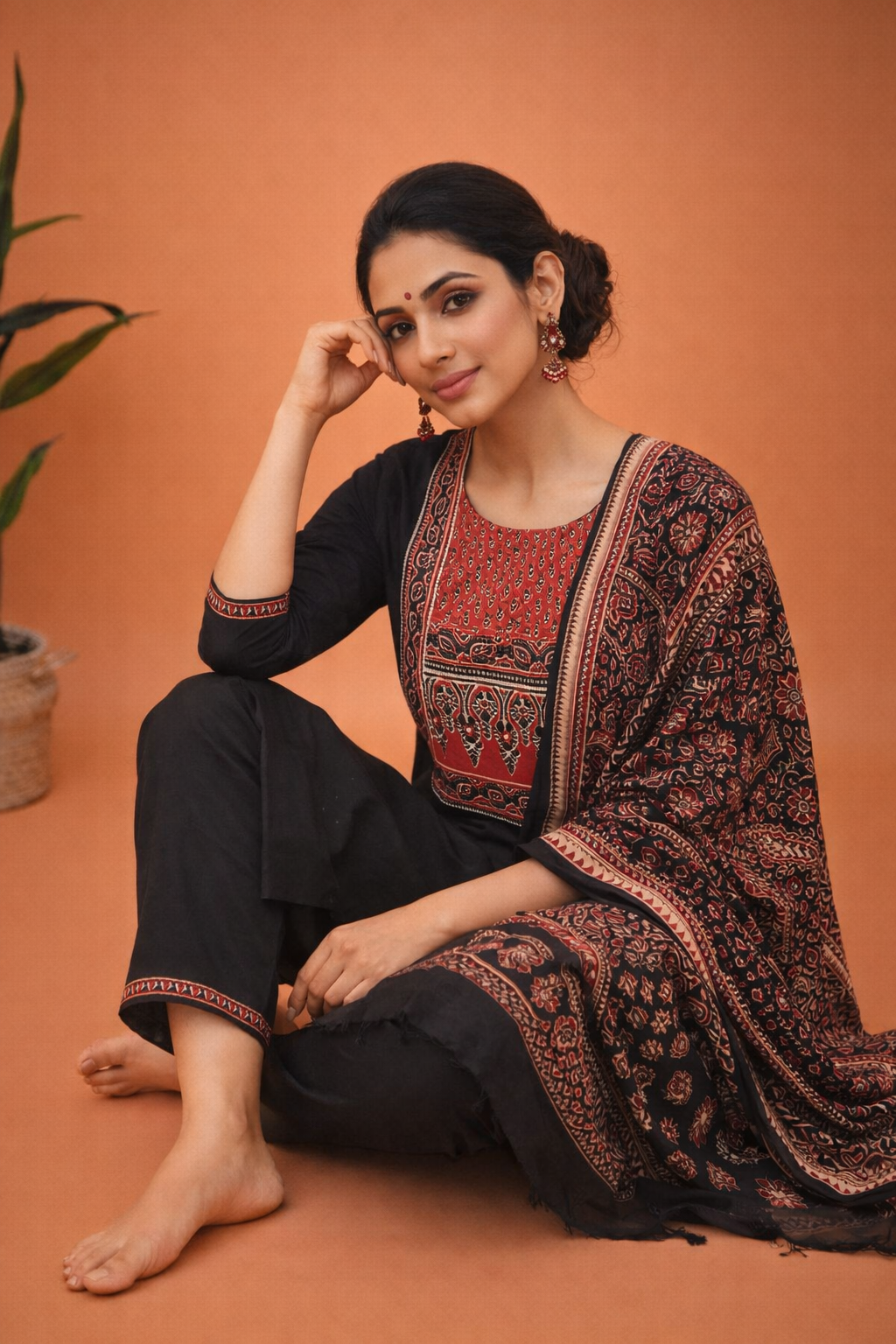 Elegant black suit with rich traditional prints and a beautifully detailed yoke, perfect for timeless ethnic style.