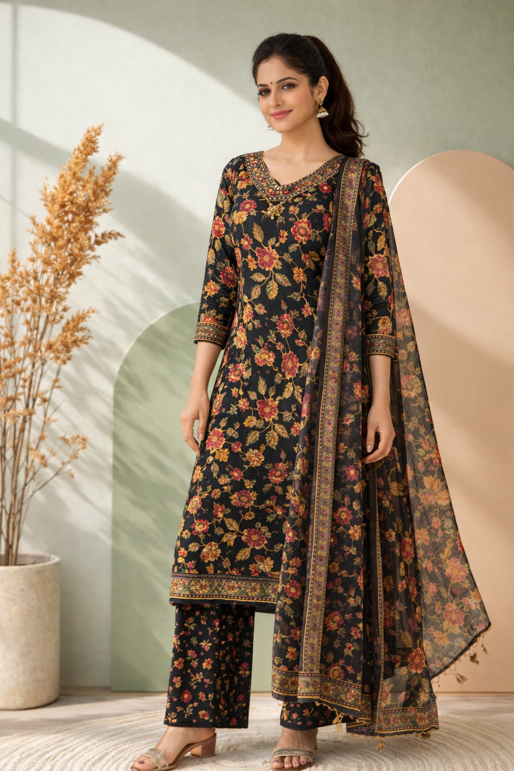 Elegant black floral ethnic set with a refined V-neck design.