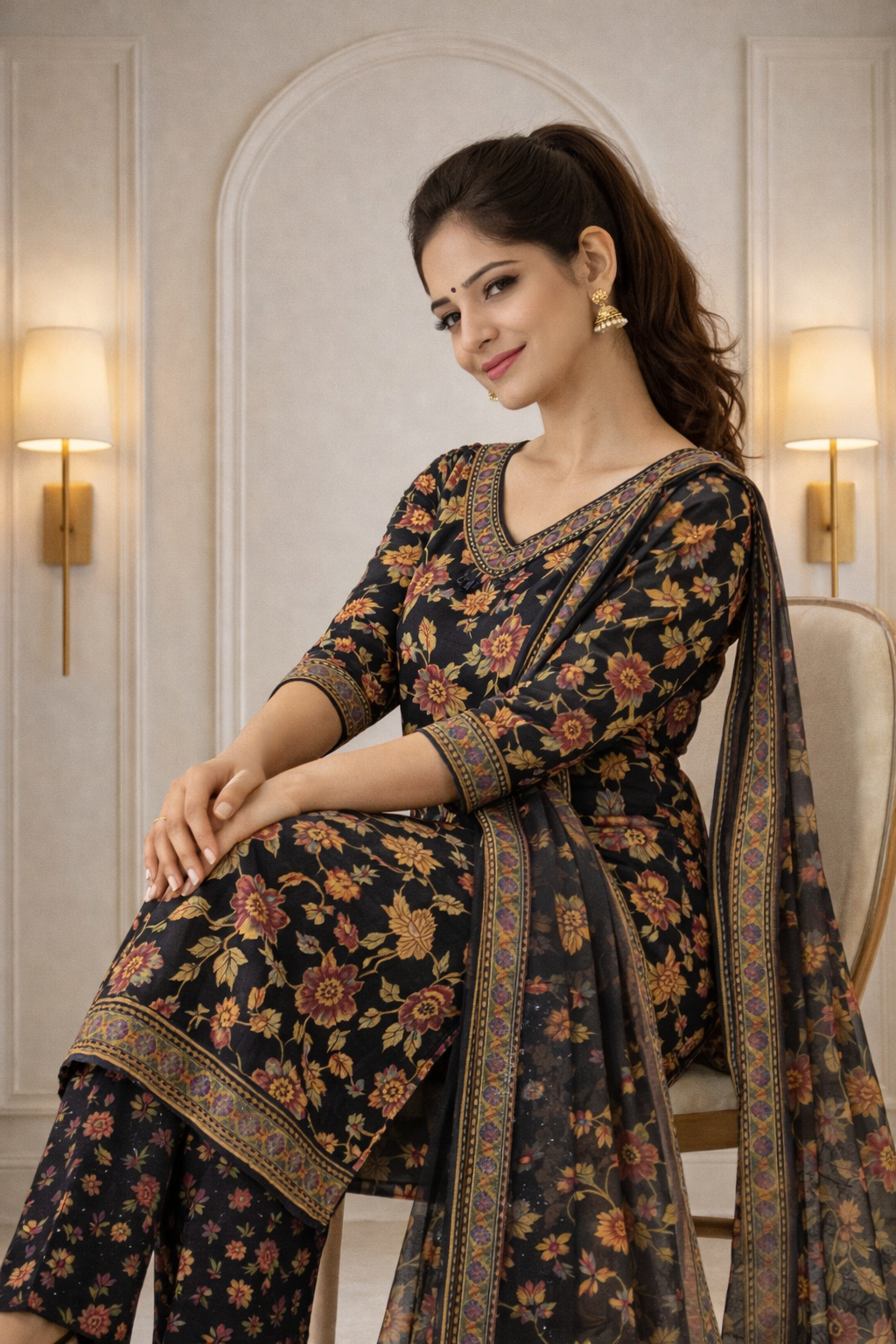 Elegant black floral ethnic set with a refined V-neck design.