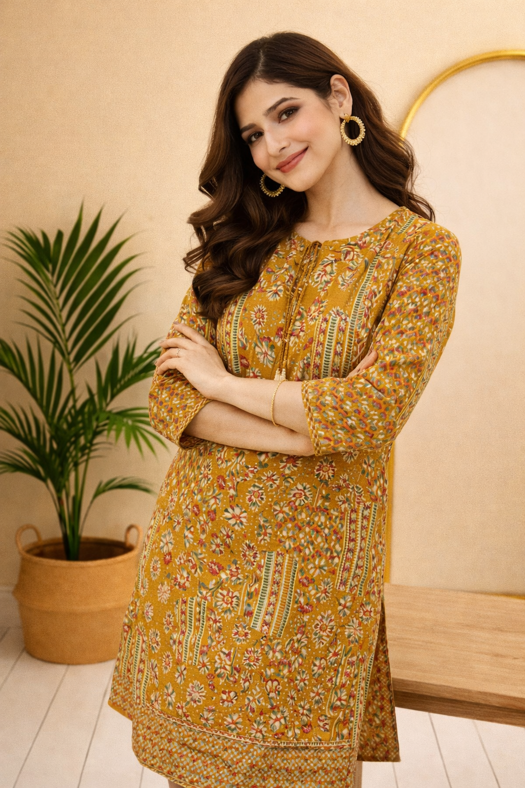 Woman wearing a yellow floral dress standing indoors with a plant and wooden bench in the background.