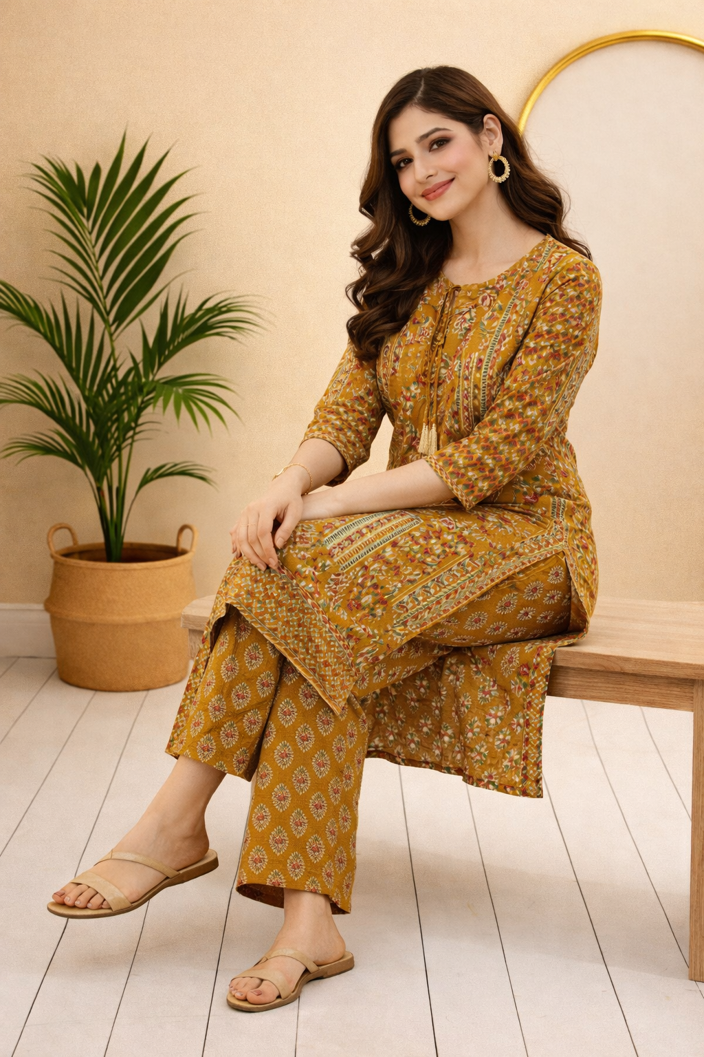 Woman in a yellow patterned outfit sitting on a wooden bench with a plant in the background.