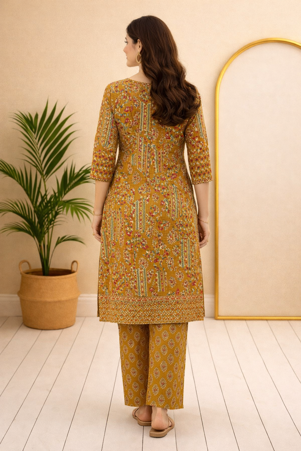 Woman wearing a yellow patterned kurta with palazzo pants standing in a room with a plant and mirror.