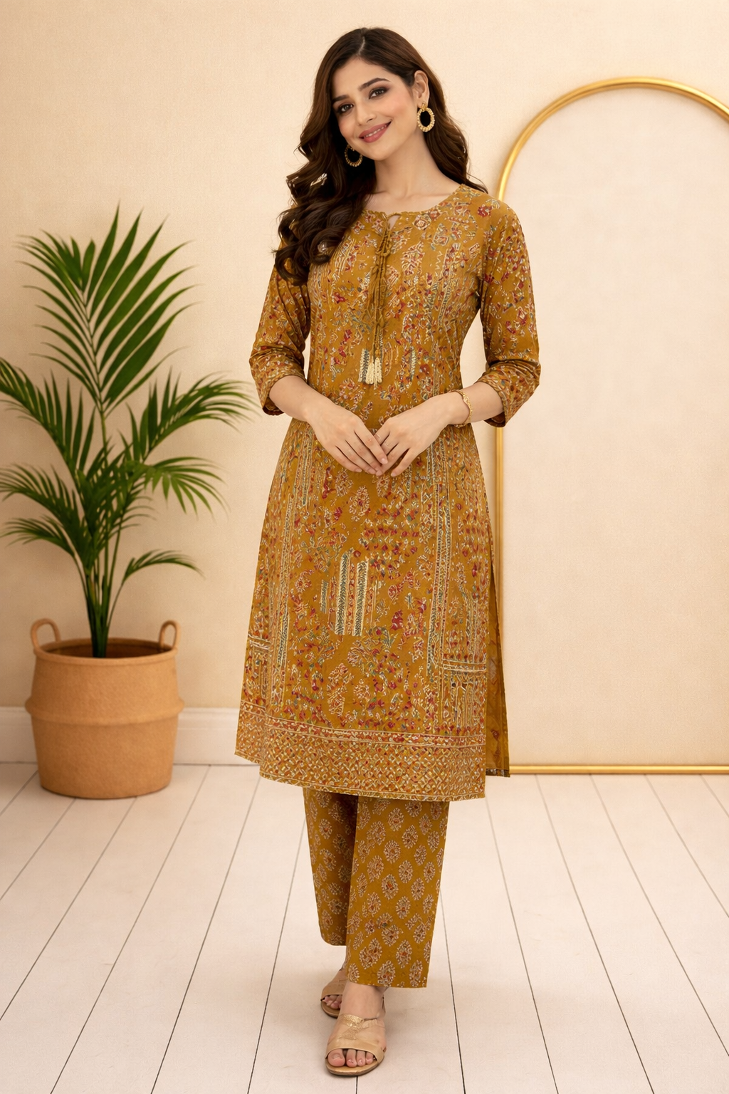 Woman wearing a mustard yellow traditional outfit with a plant and decorative wall in the background