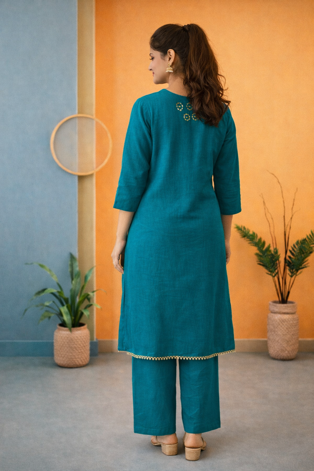 Elegant Teal kurta and palazzo set  with subtle embroidery
