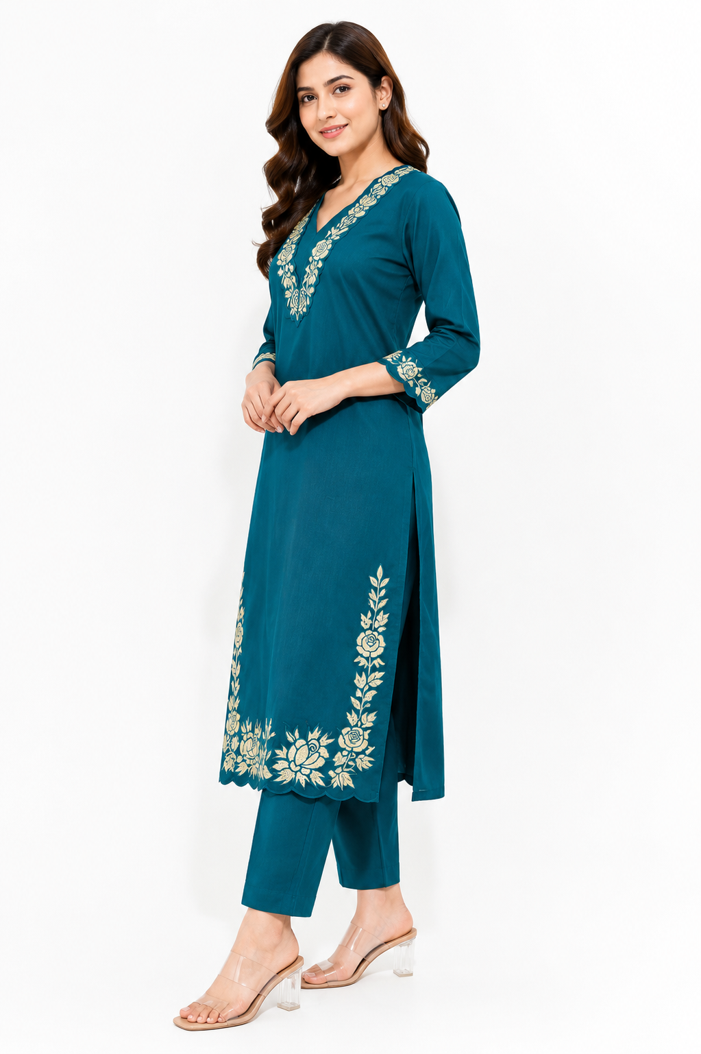 Women's Teal Embroidered Straight Kurta Pant Set