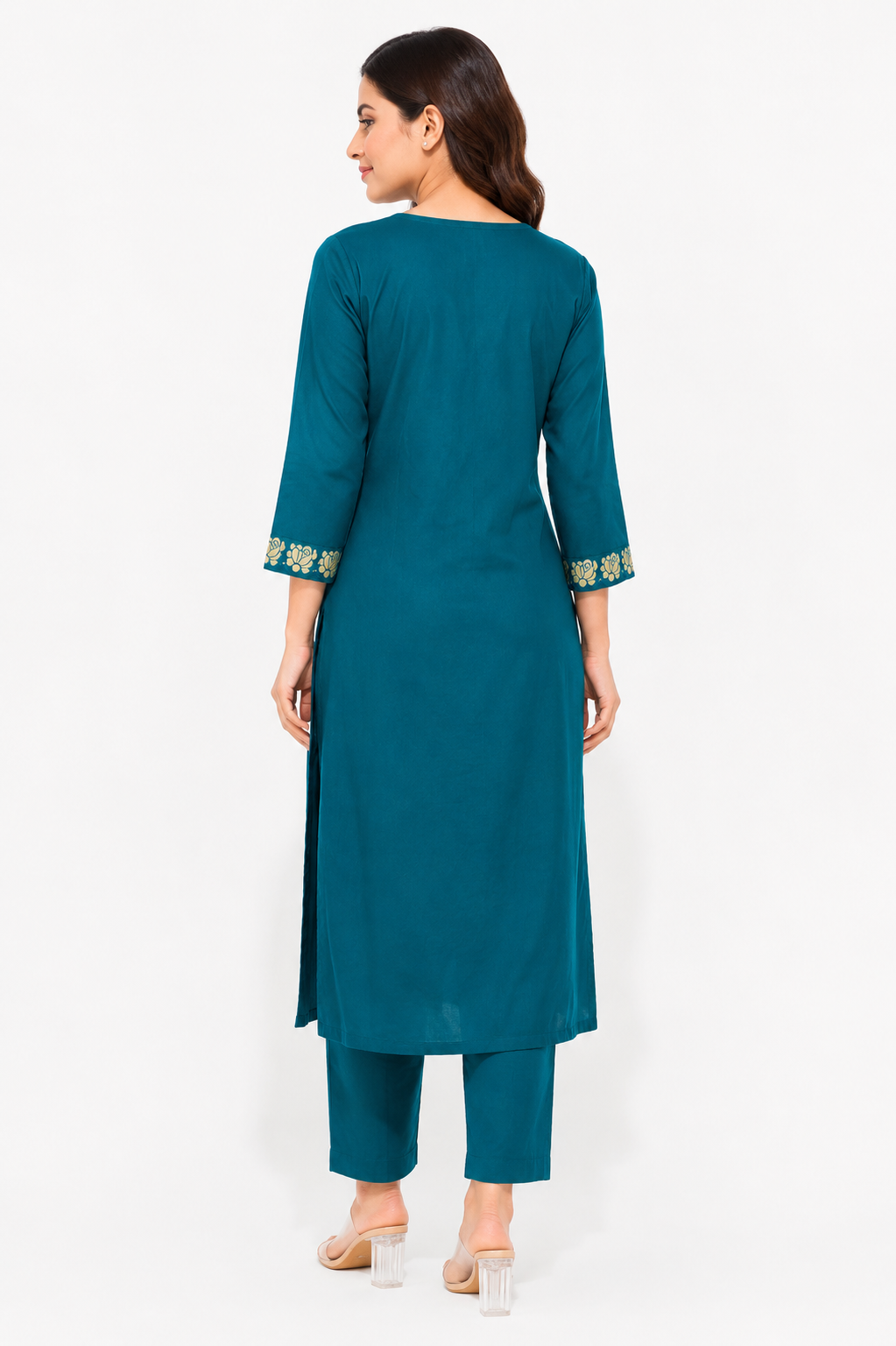 Women's Teal Embroidered Straight Kurta Pant Set