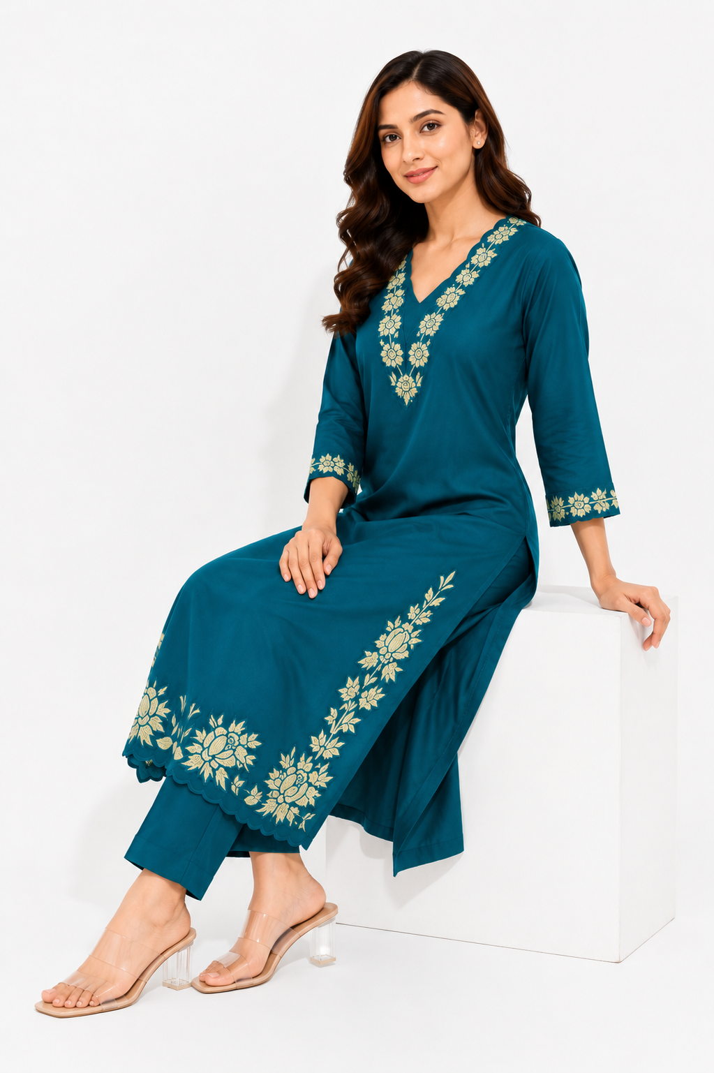 Women's Teal Embroidered Straight Kurta Pant Set