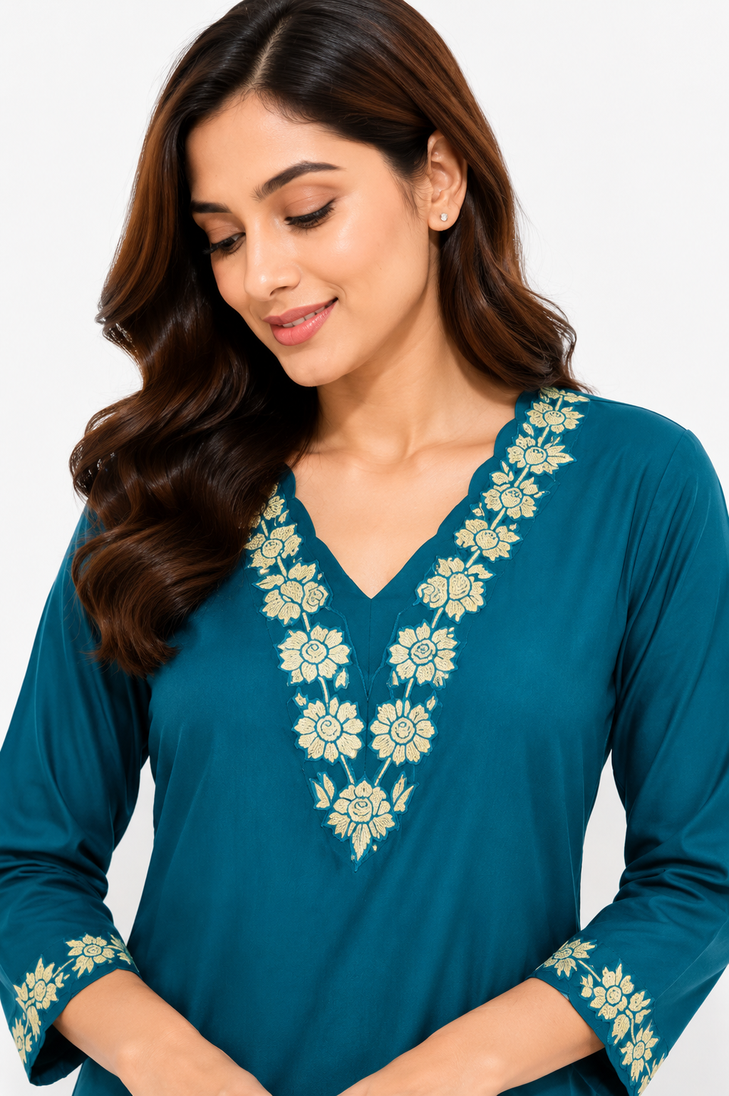 Women's Teal Embroidered Straight Kurta Pant Set