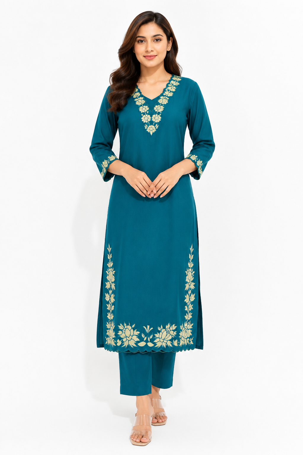 Women's Teal Embroidered Straight Kurta Pant Set