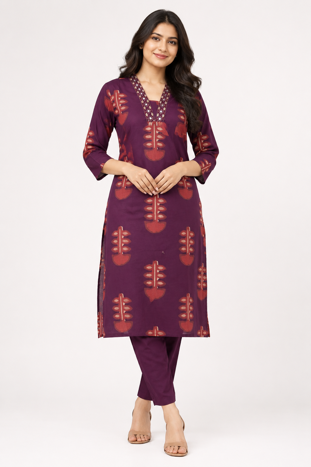 Elegant wine-colored straight kurta pant set featuring an all-over traditional printed design.