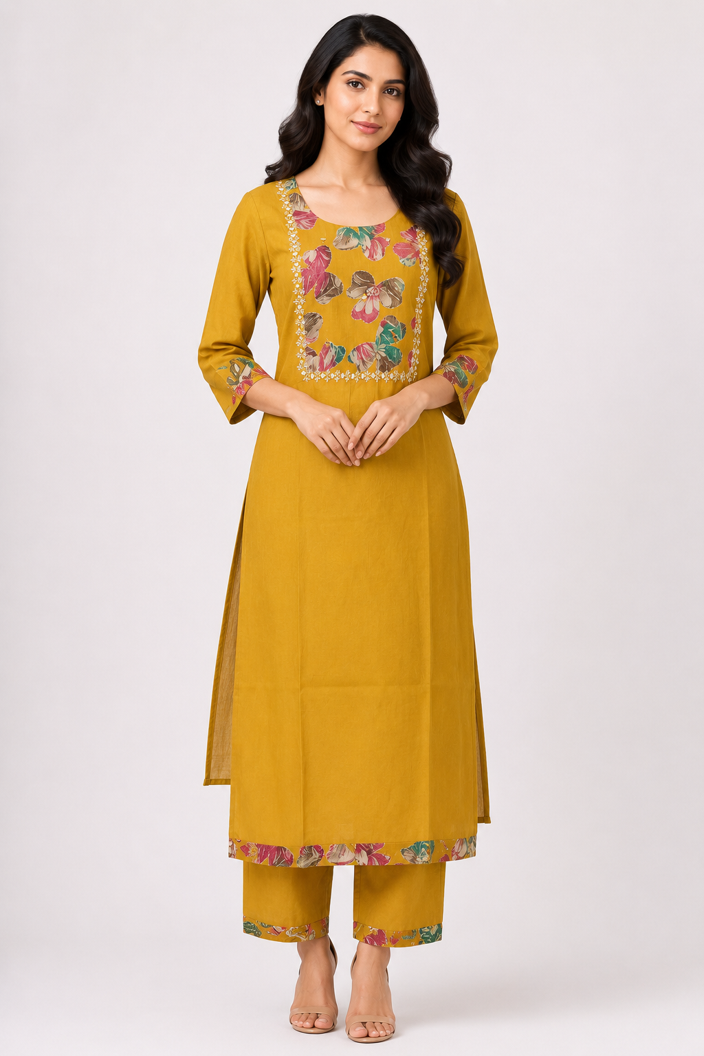 Women's Mustard Floral Printed Straight Kurta Pant Set