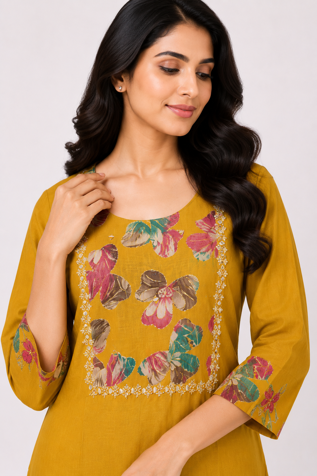 Women's Mustard Floral Printed Straight Kurta Pant Set