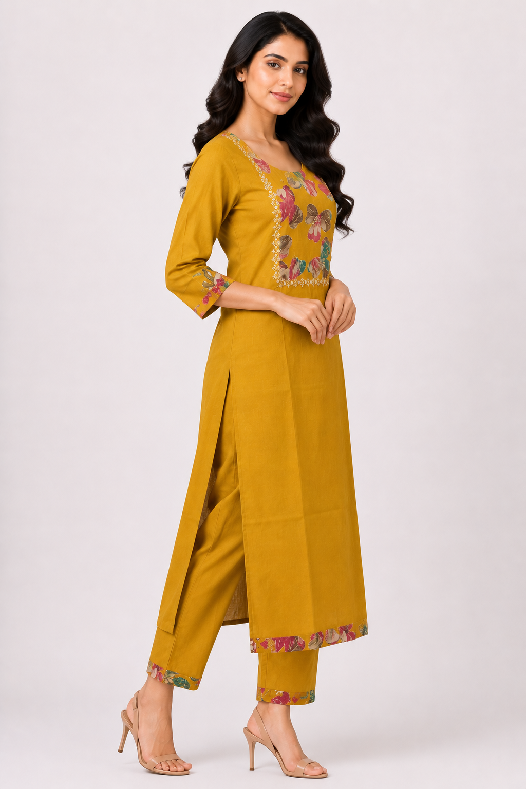 Women's Mustard Floral Printed Straight Kurta Pant Set