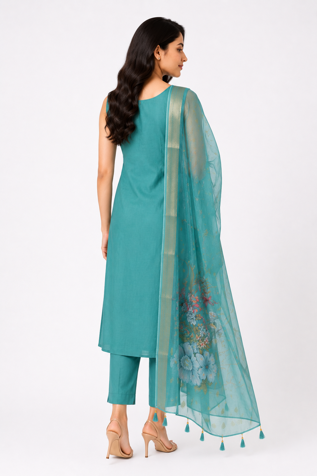 Women's Aqua Blue Floral Embroidered Kurta Pant Set with Dupatta