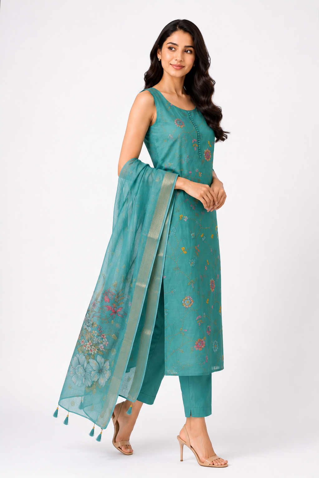 Women's Aqua Blue Floral Embroidered Kurta Pant Set with Dupatta