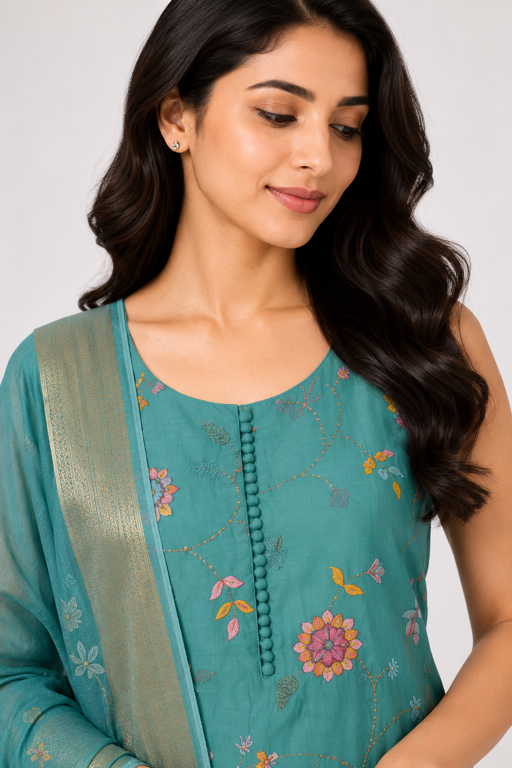 Women's Aqua Blue Floral Embroidered Kurta Pant Set with Dupatta