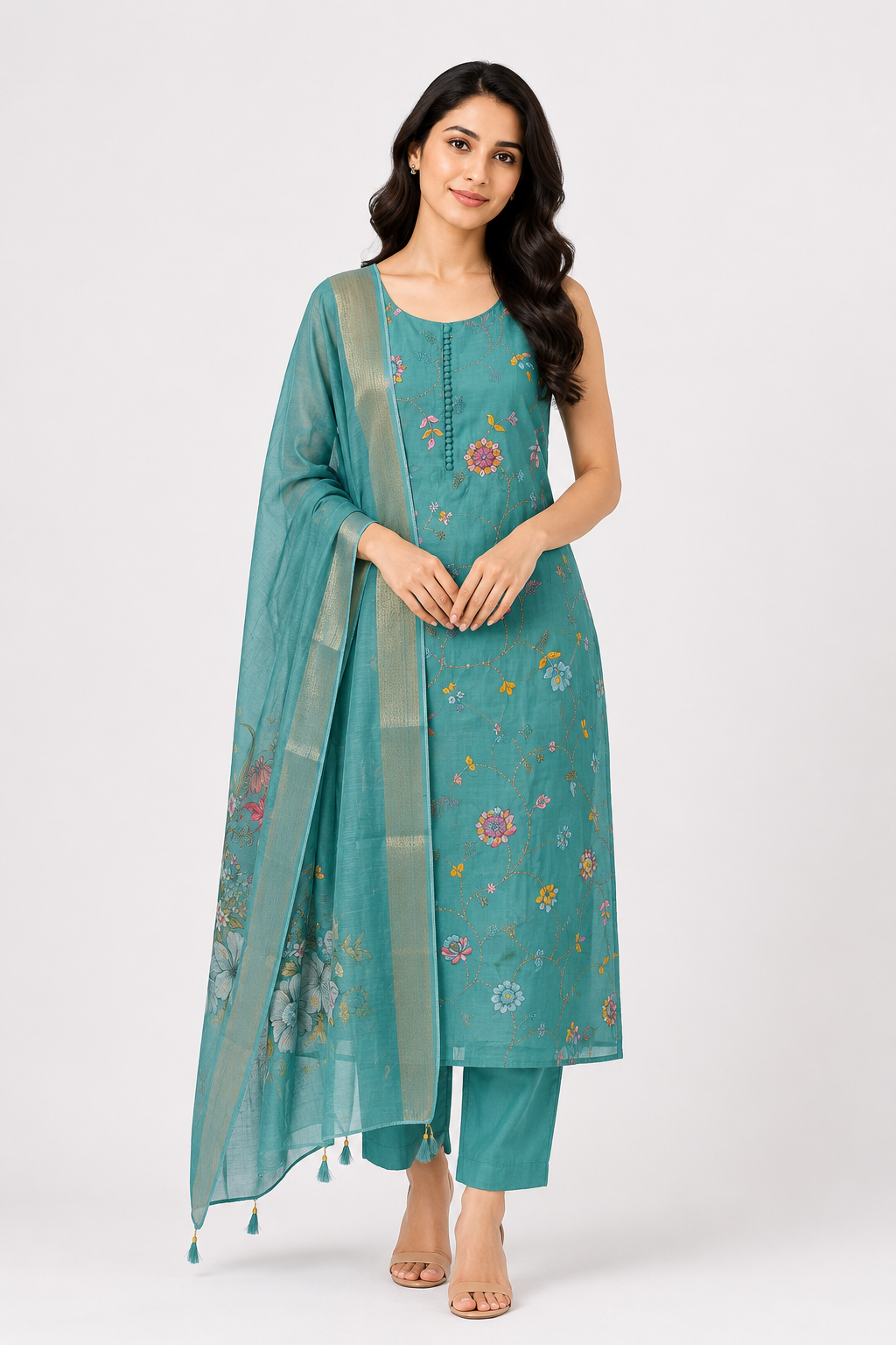 Women's Aqua Blue Floral Embroidered Kurta Pant Set with Dupatta