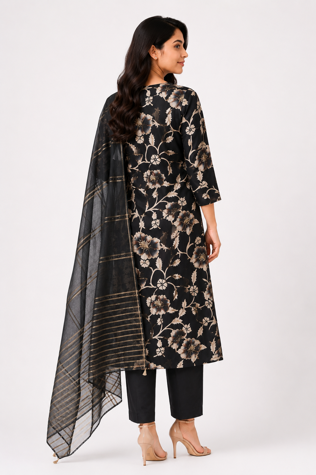 Women's Black Floral Printed Kurta Pant Set with Dupatta