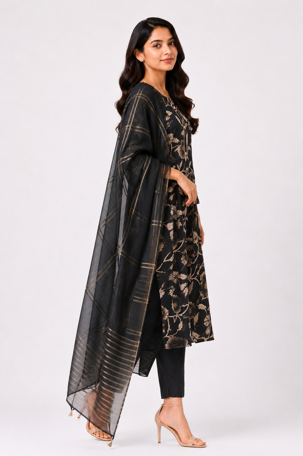 Women's Black Floral Printed Kurta Pant Set with Dupatta