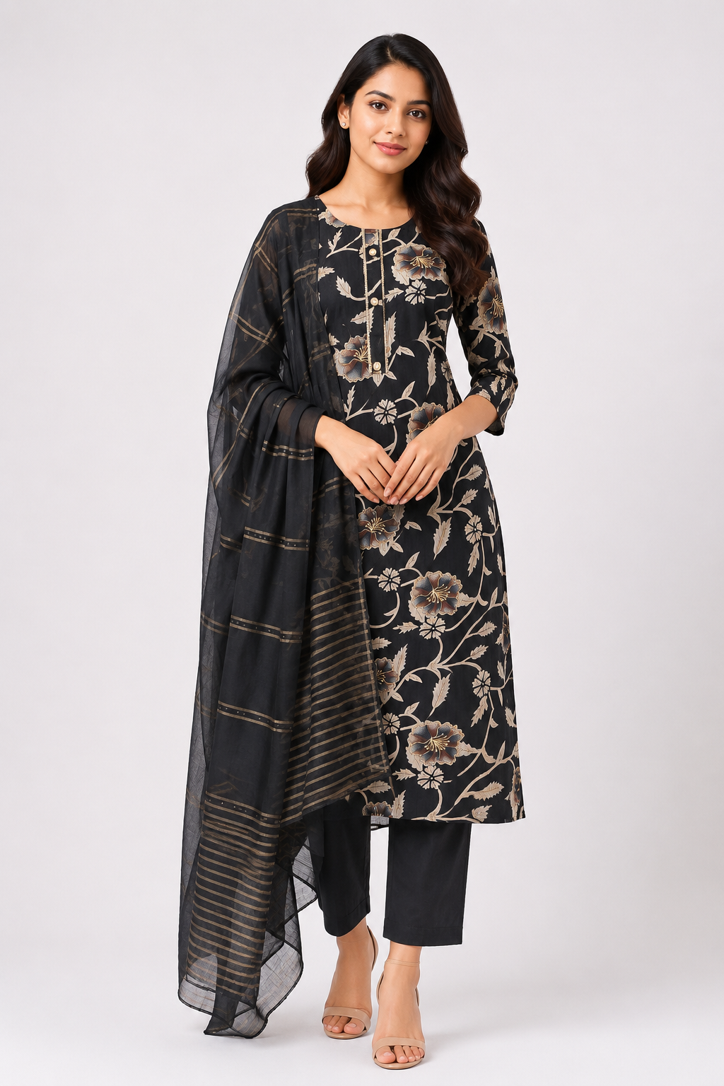 Women's Black Floral Printed Kurta Pant Set with Dupatta
