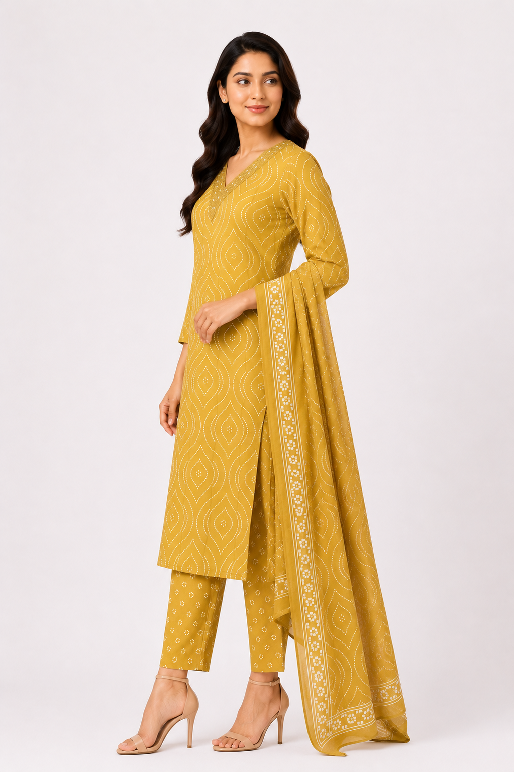 Women's Mustard Printed Kurta Pant Set with Dupatta