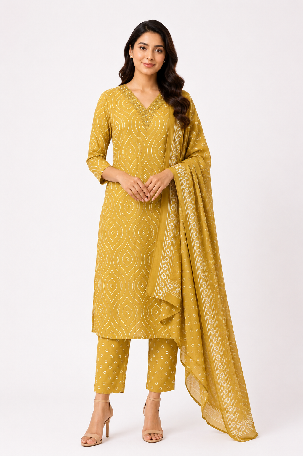 Women's Mustard Printed Kurta Pant Set with Dupatta
