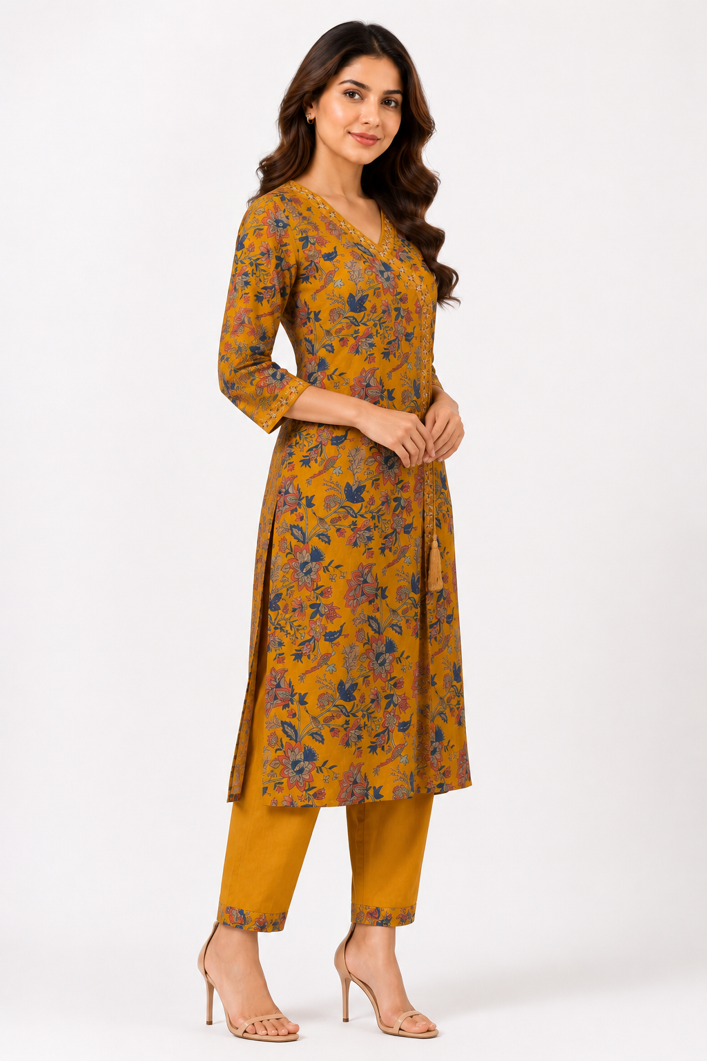 Mustard Floral Printed V-Neck Kurta with Straight Pant Co-Ord Set for Women