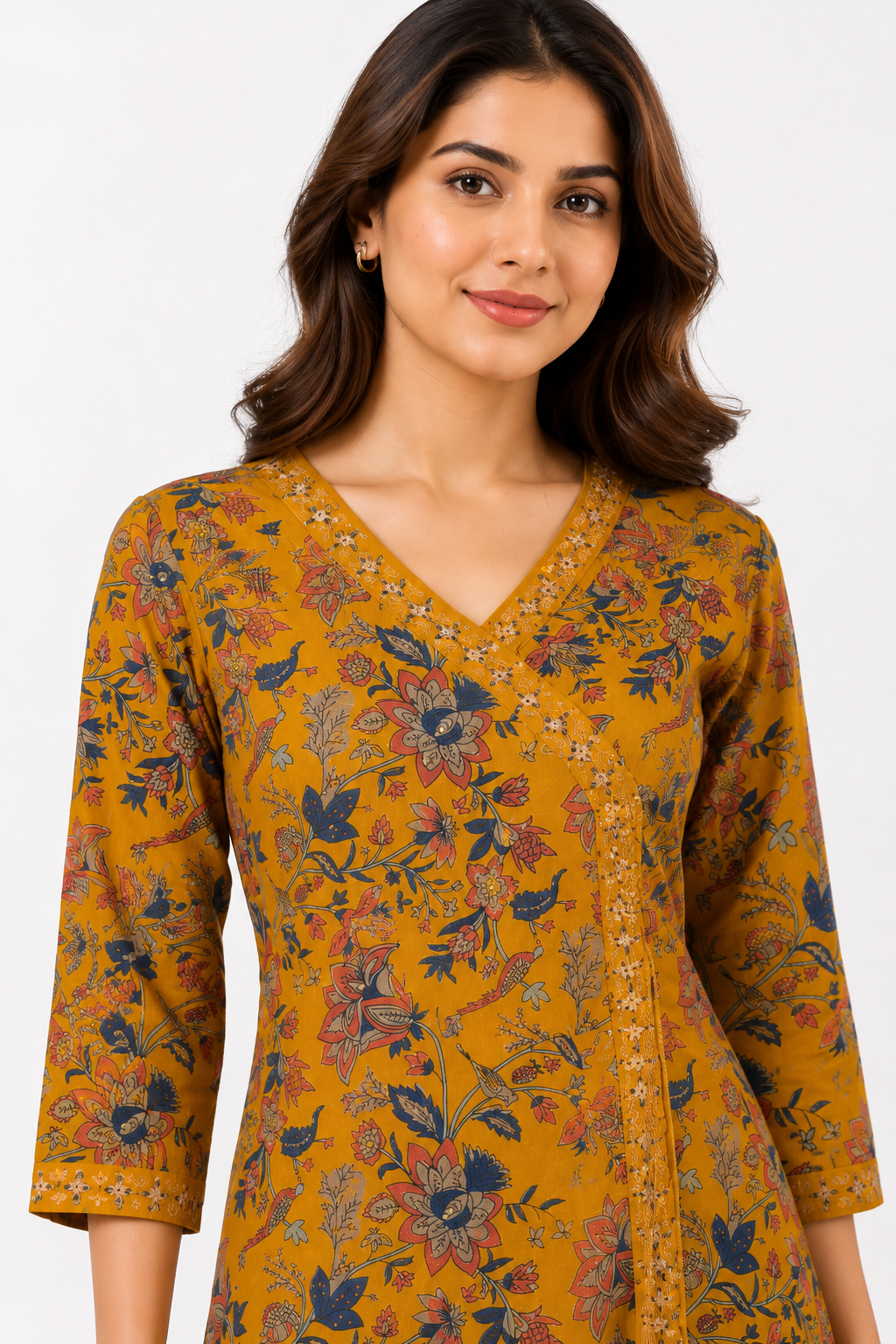 Mustard Floral Printed V-Neck Kurta with Straight Pant Co-Ord Set for Women