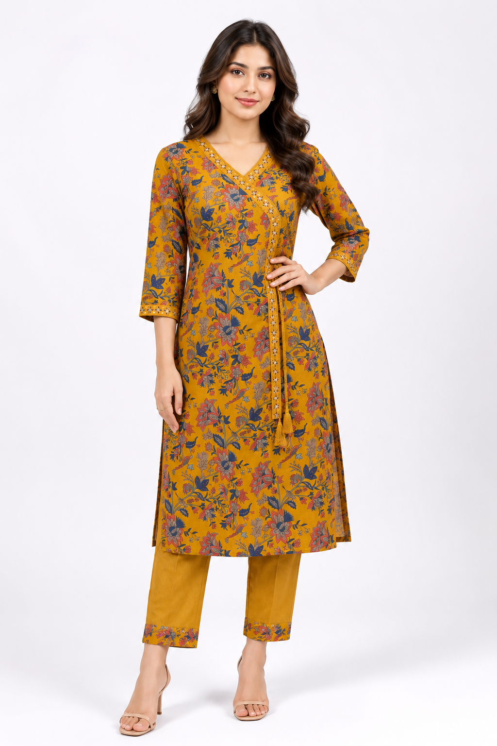 Mustard Floral Printed V-Neck Kurta with Straight Pant Co-Ord Set for Women