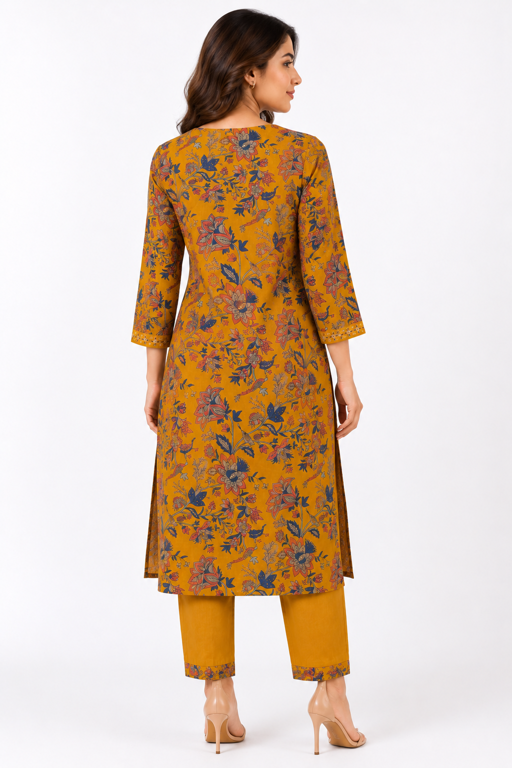 Mustard Floral Printed V-Neck Kurta with Straight Pant Co-Ord Set for Women