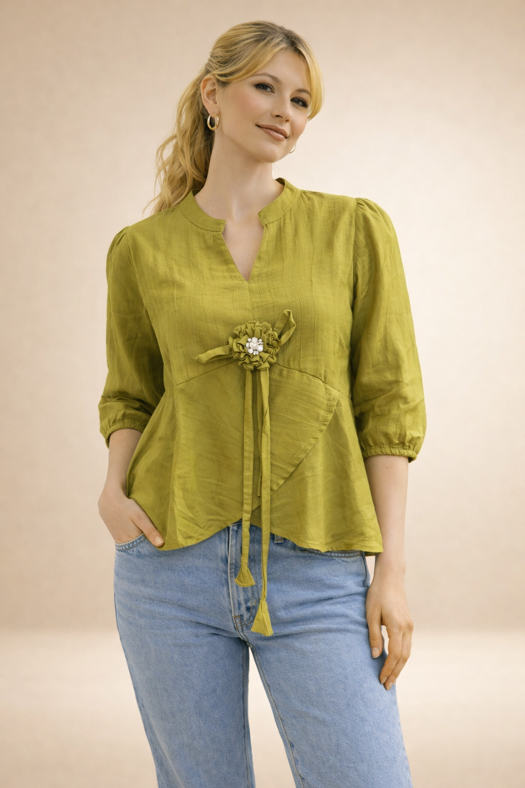 Women’s Olive Green Flower Accent Top