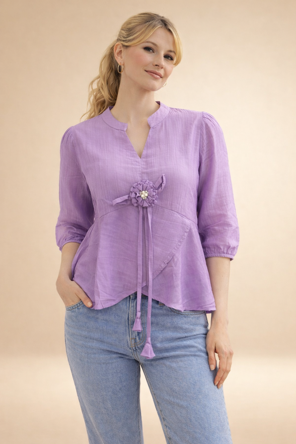 Women’s Lavender Peplum Top with Floral Brooch
