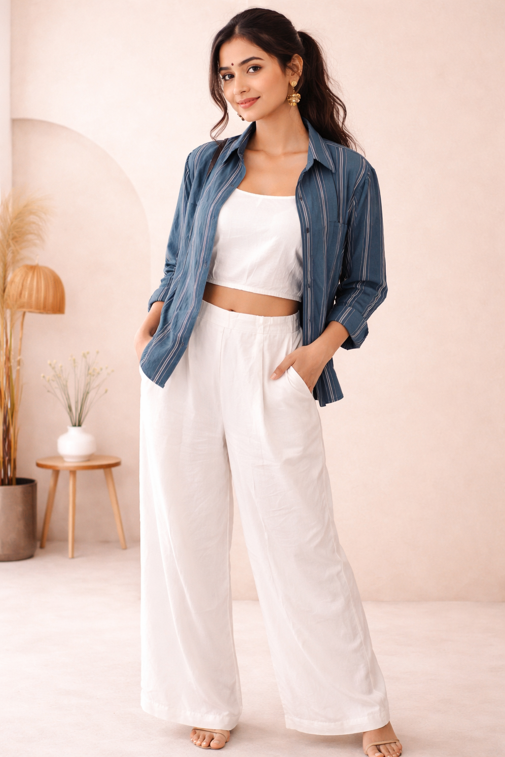 Stylish Women’s Western Striped Shirt with Cotton Crop Top and Pant Set - Dusty Blue & White