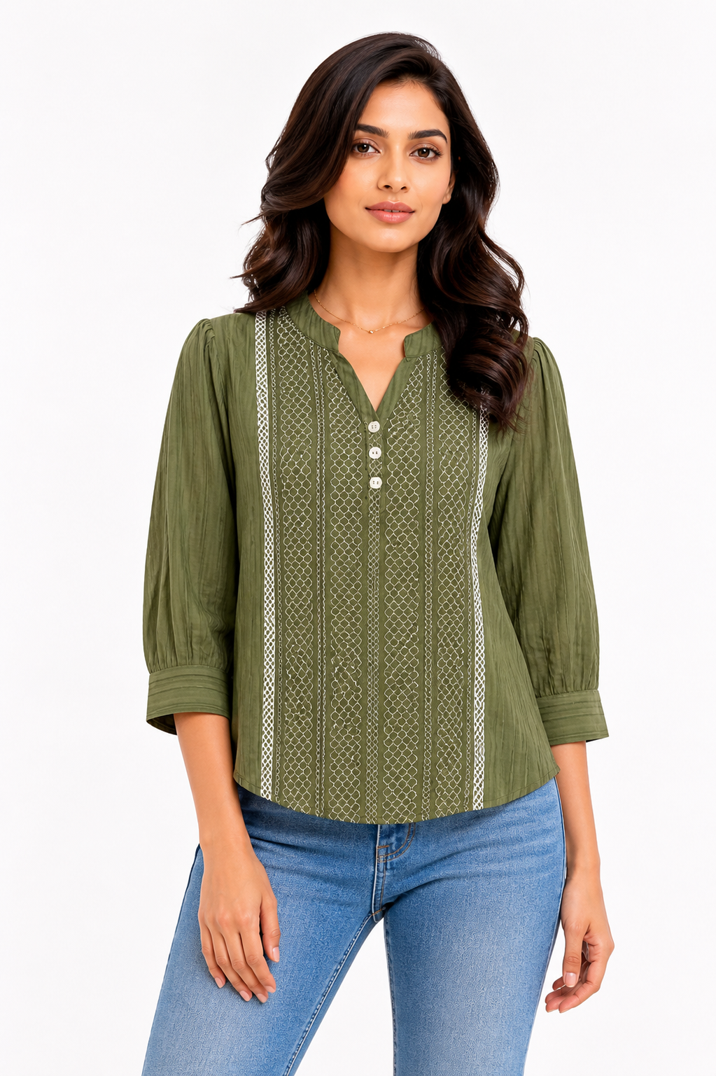 Deep Moss Green Ethnic Stripe Top