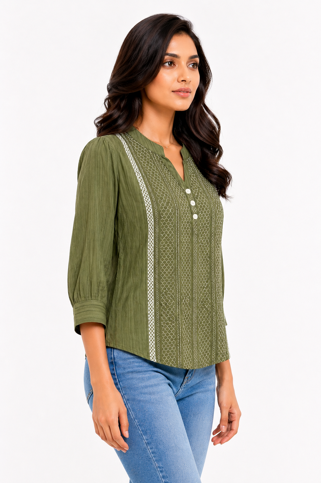 Deep Moss Green Ethnic Stripe Top
