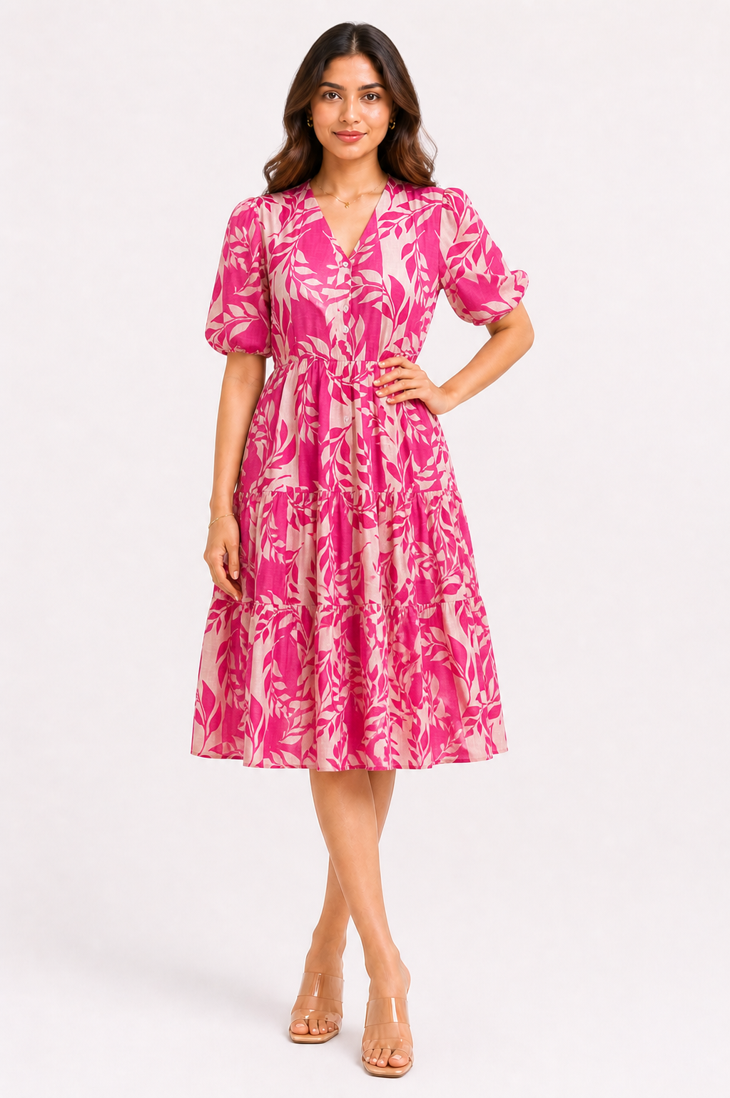 Fuchsia Pink Botanical Print Tiered Midi Dress