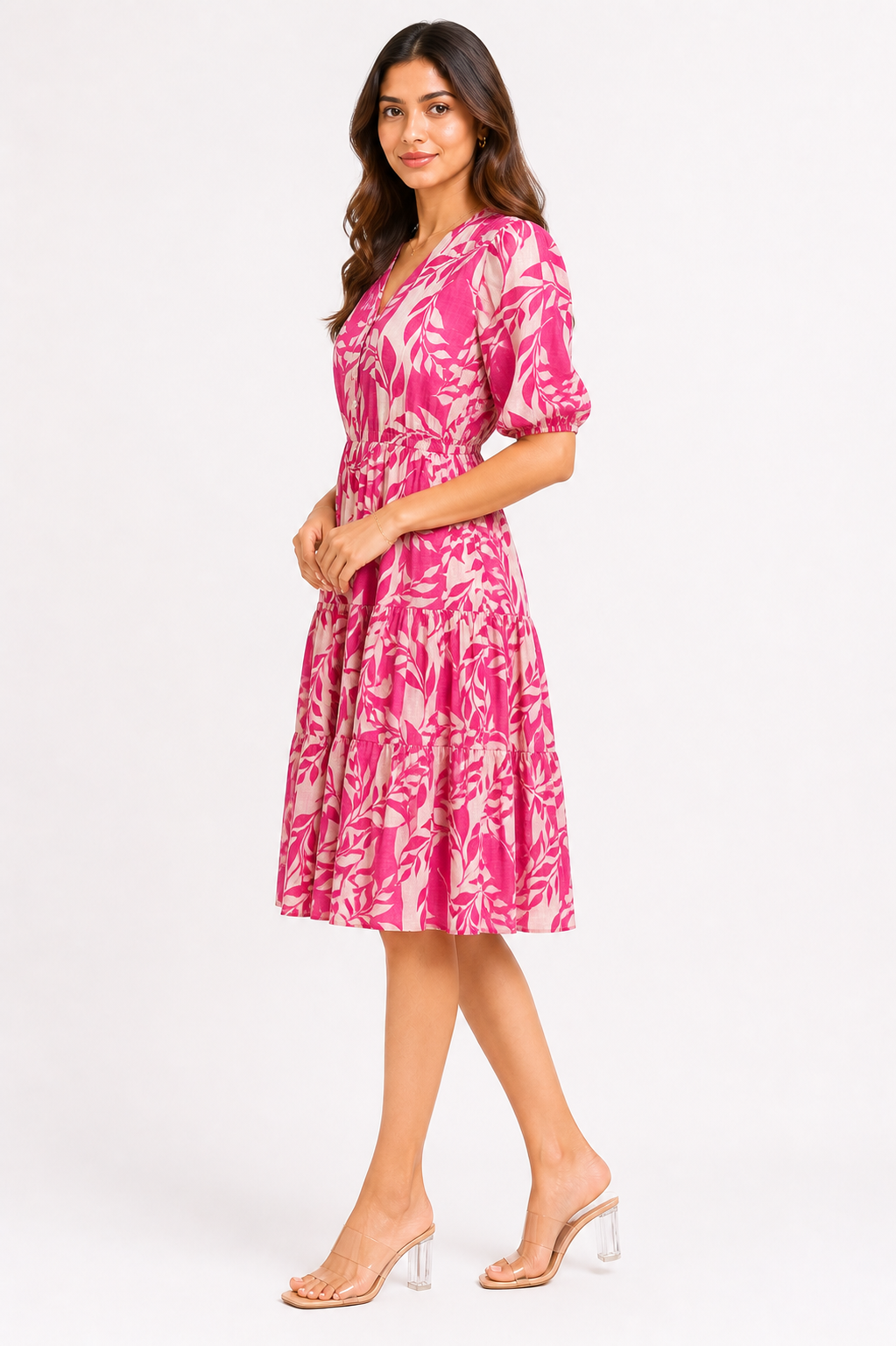 Fuchsia Pink Botanical Print Tiered Midi Dress