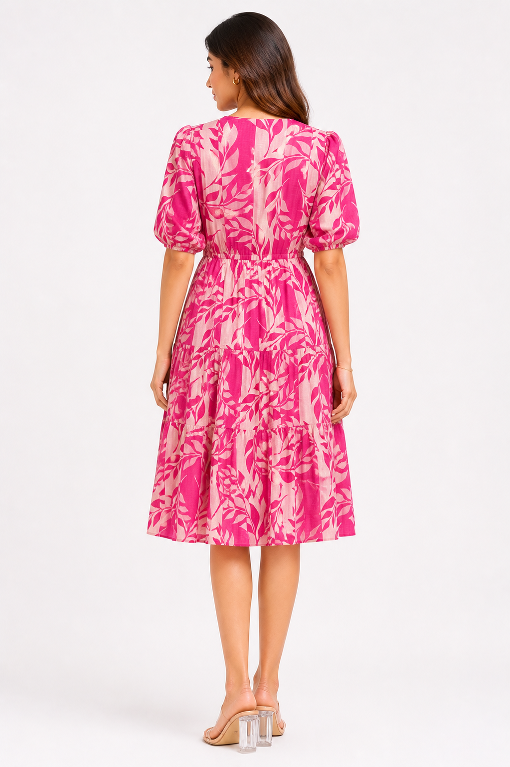 Fuchsia Pink Botanical Print Tiered Midi Dress