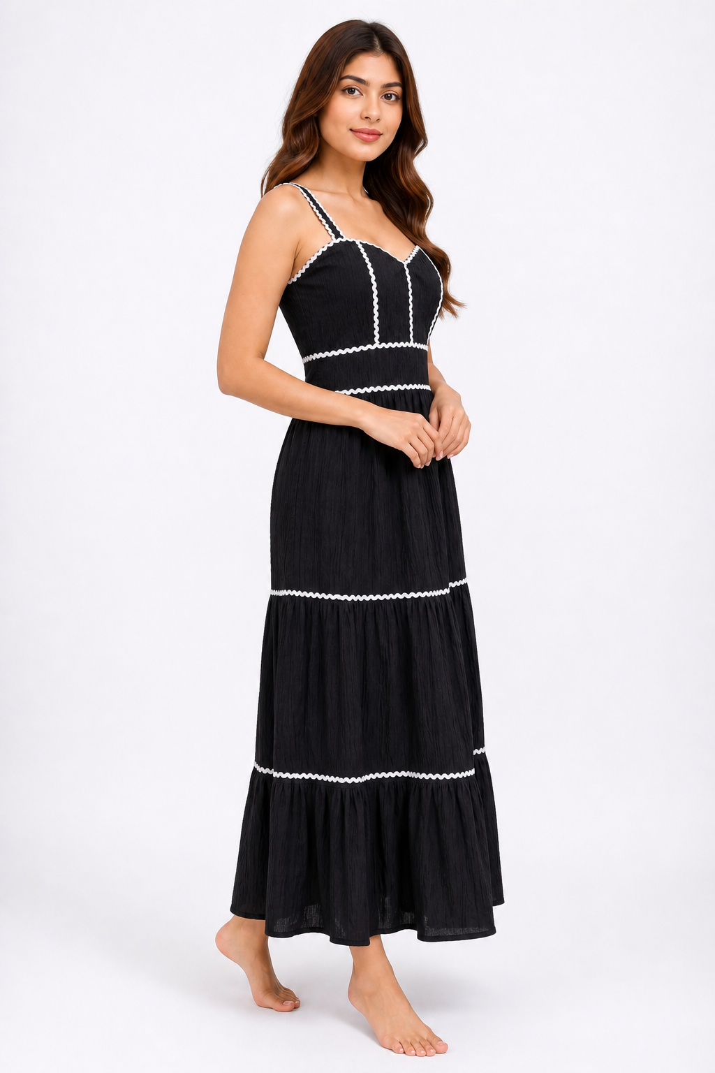 Black Contrast Trim Tiered Maxi Dress